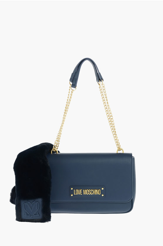 Moschino Love Faux Leather Shoulder Bag With Faux Fur In Blue
