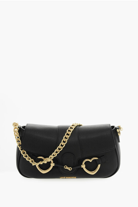 Moschino Love Faux Leather Shoulder Bag With Golden Chain In Brown