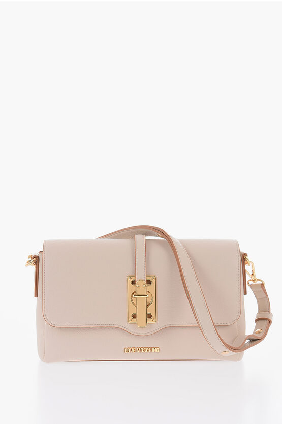Moschino Love Faux Leather Shoulder Bag With Golden Details In Neutral