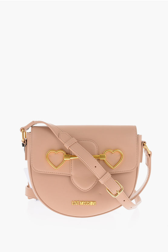 Moschino Love Faux Leather Shoulder Bag With Golden Heart Clamp In Brown