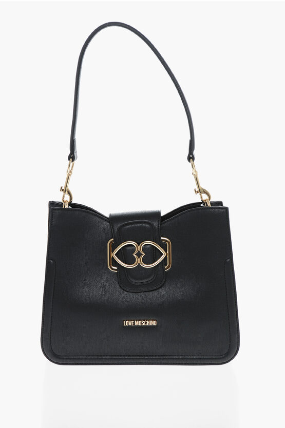 Moschino Love Faux Leather Shoulder Bag With Golden Hearts In Black