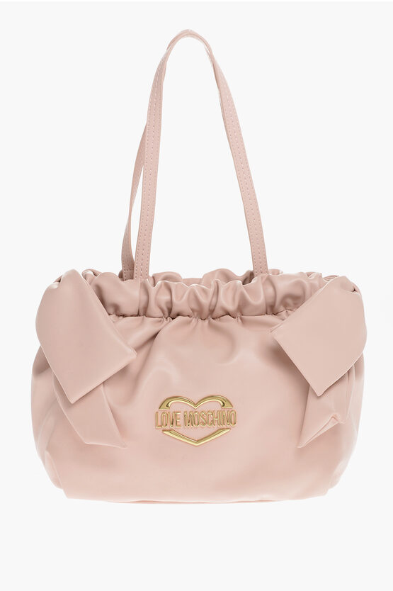 Moschino Love Faux Leather Shoulder Bag With Golden Logo And Side Bow In Pink