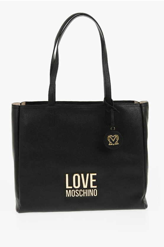 Moschino Love Faux Leather Shoulder Bag With Golden Logo In Burgundy