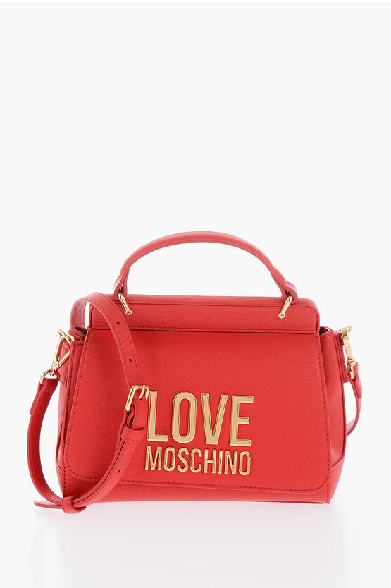 Moschino Love Faux Leather Shoulder Bag With Golden Maxi Logo In Brown