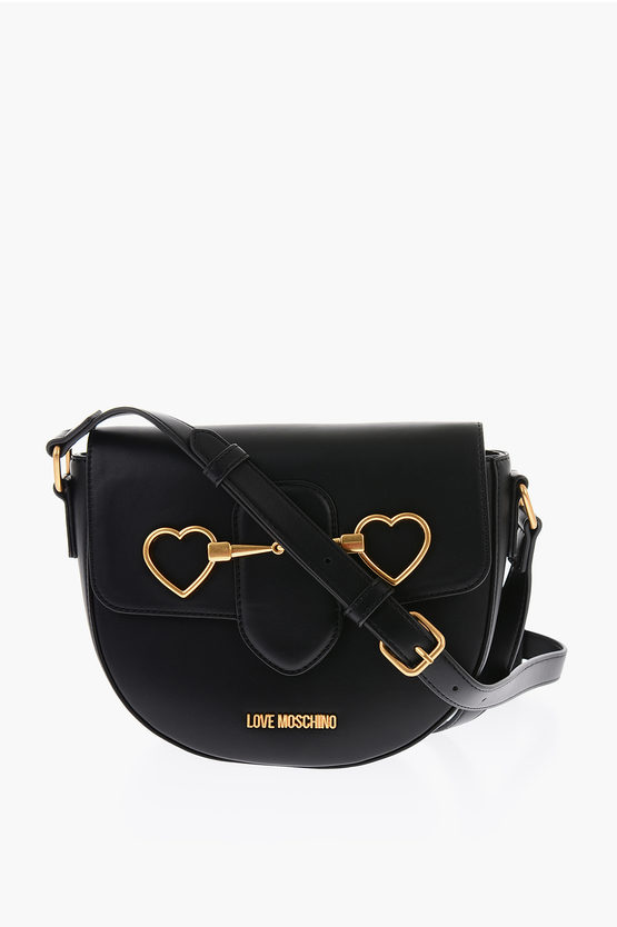 Moschino Love Faux Leather Shoulder Bag With Maxi Clamp In Black