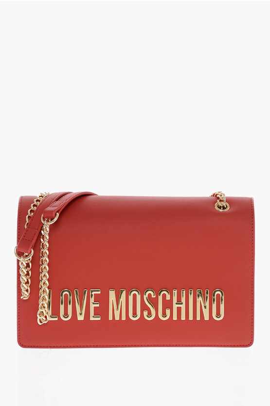 Moschino Love Faux Leather Shoulder Bag With Maxi Golden Logo In Burgundy