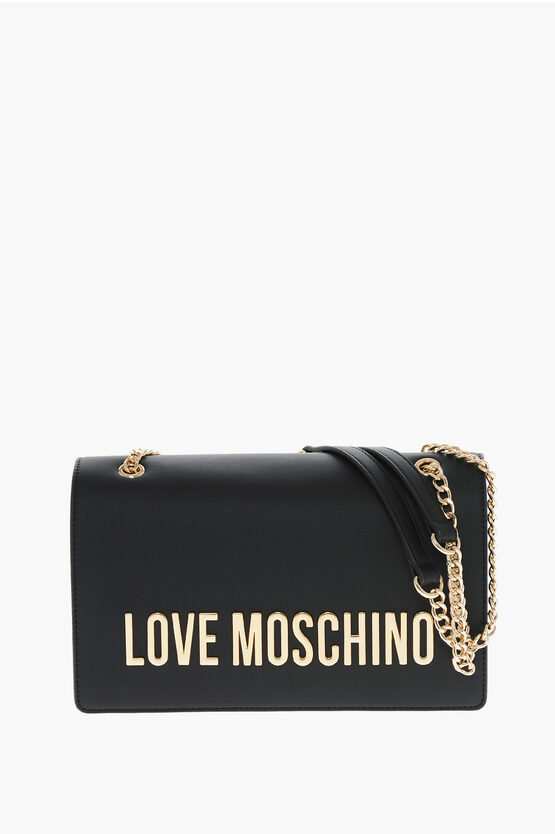 Moschino Love Faux Leather Shoulder Bag With Maxi Golden Logo In Burgundy