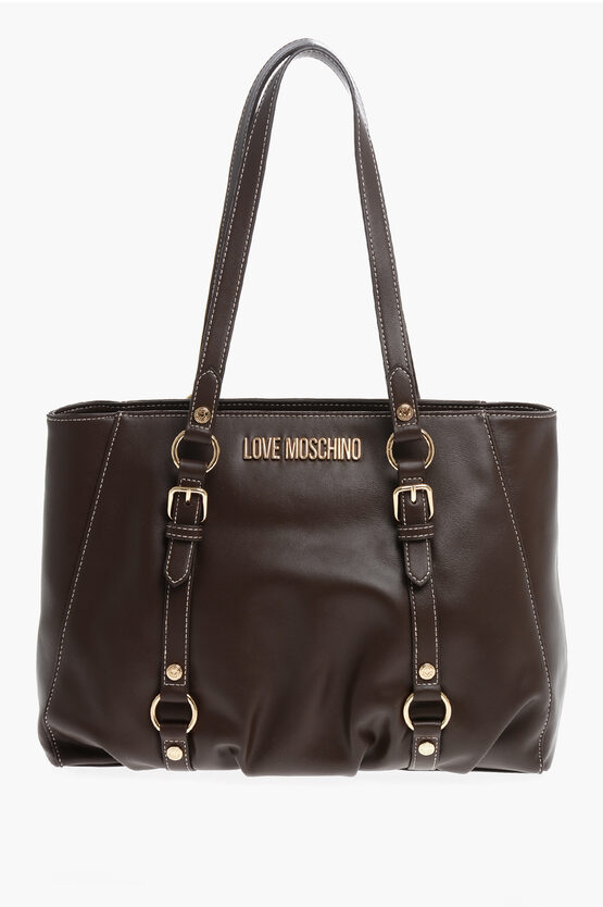 Moschino Love Faux Leather Shoulder Bag With Ruffe Details In Brown