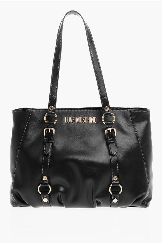 Moschino Love Faux Leather Shoulder Bag With Ruffe Details In Black