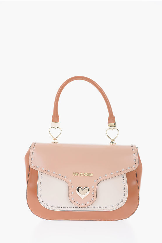 Moschino Love Faux Leather Top Handle Bag With Perfored Details In Neutral