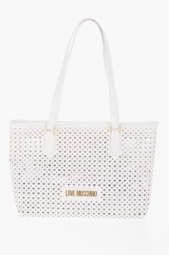 Moschino Love Faux Leather Tote Bag With All-over Heart Shaped Openwo In White