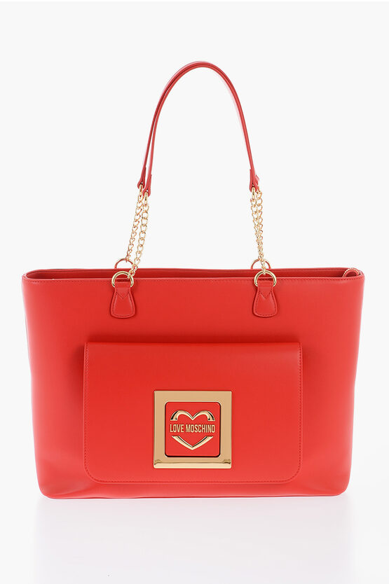 Moschino Love Faux Leather Tote Bag With Golden Details In Blue