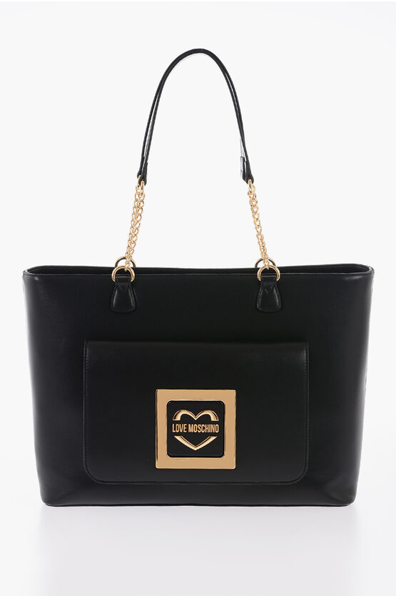Moschino Love Faux Leather Tote Bag With Golden Details In Black