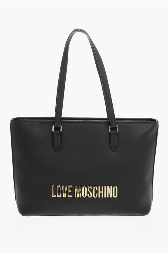 Moschino Love Faux Leather Tote Bag With Golden Embossed Maxi Logo In Black