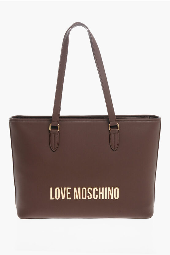 Moschino Love Faux Leather Tote Bag With Golden Embossed Maxi Logo In Brown