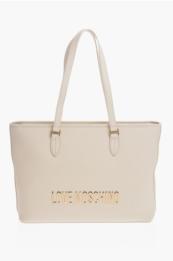 Moschino Love Faux Leather Tote Bag With Golden Embossed Maxi Logo In Neutral