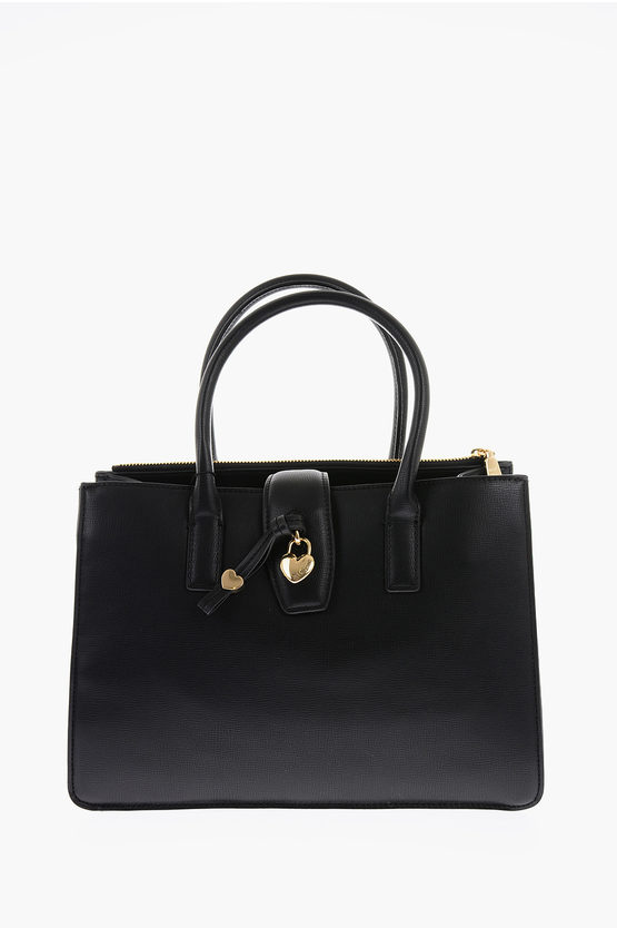 Moschino Love Faux Leather Tote Bag With Golden Heart Charm In Black
