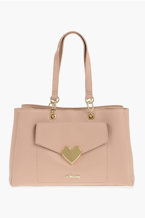 Moschino Love Faux Leather Tote Bag With Golden Logo In Brown