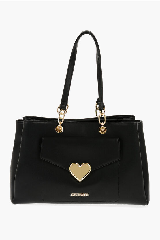 Moschino Love Faux Leather Tote Bag With Golden Logo In Brown