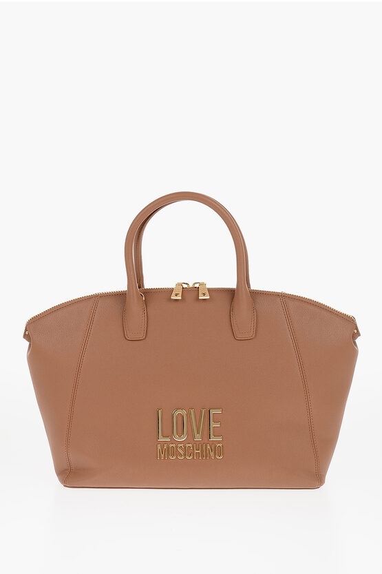 Moschino Love Faux Leather Tote Bag With Golden Logo In Burgundy