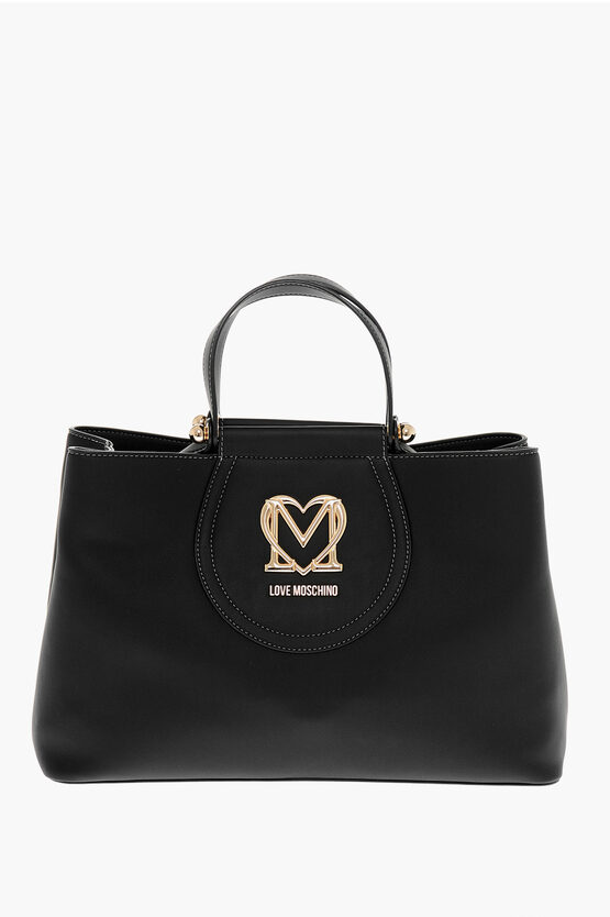 Moschino Love Faux Leather Tote Bag With Golden Logo In Blue