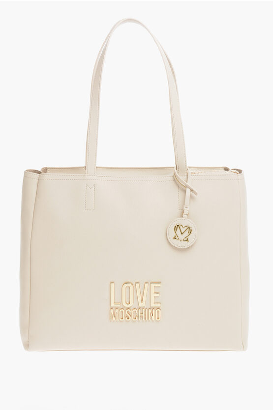 Moschino Love Faux Leather Tote Bag With Golden Logo In Neutral