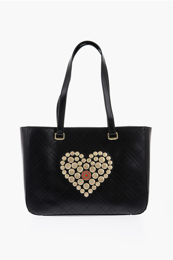 Moschino Love Faux Leather Tote Bag With Golden Round Applications In Black