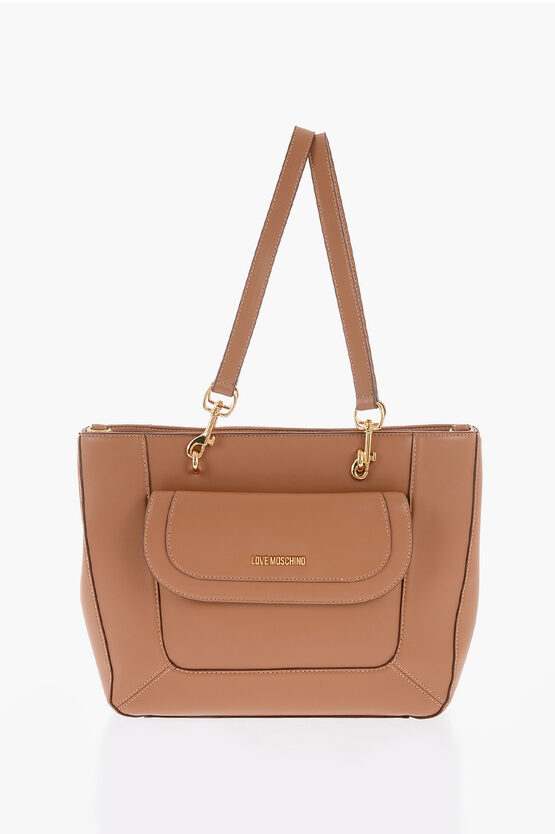 Moschino Love Faux Leather Tote Bag With Maxi Pocket On The Front In Brown