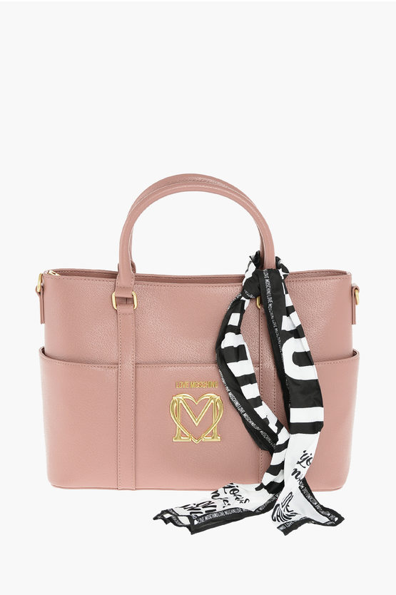 Moschino Love Faux Leather Tote Bag With Multi Pockets And Neckerchie In Pink
