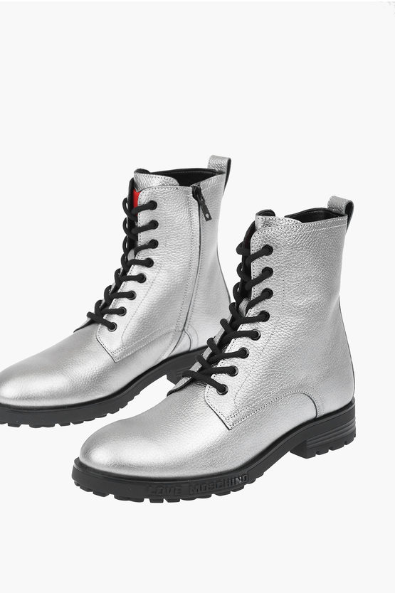 Moschino Love Glistening Textured Leather Combat Boots In White