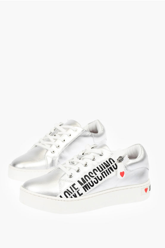 Moschino Love Glistening Textured Leather Trainers With Zip In Grey