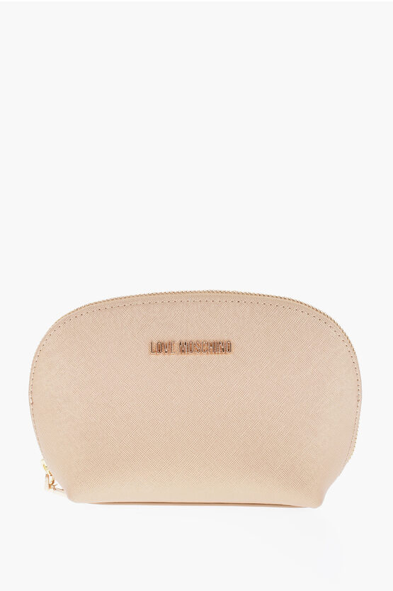 Moschino Love Golde-effect Saffiano Faux Leather Makeup Clutch Bag In Pink