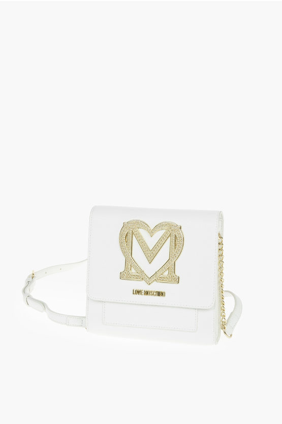 Moschino Love Golden Detail Textured Faux Leather Crossbody Bag In White