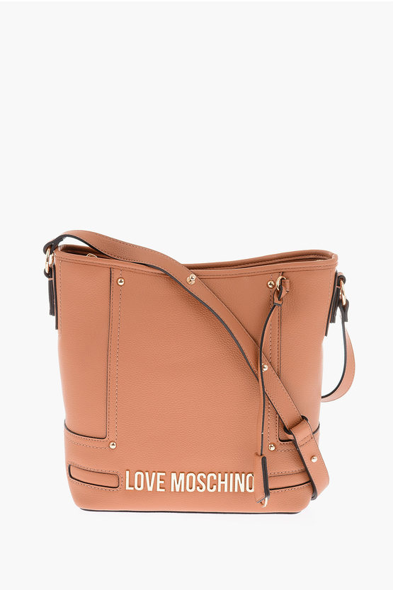 Moschino Love Golden Details Faux Leather Crossbody Bag In Brown