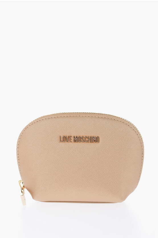 Moschino Love Golden Effect Saffiano Faux Leather Necessaire In Brown