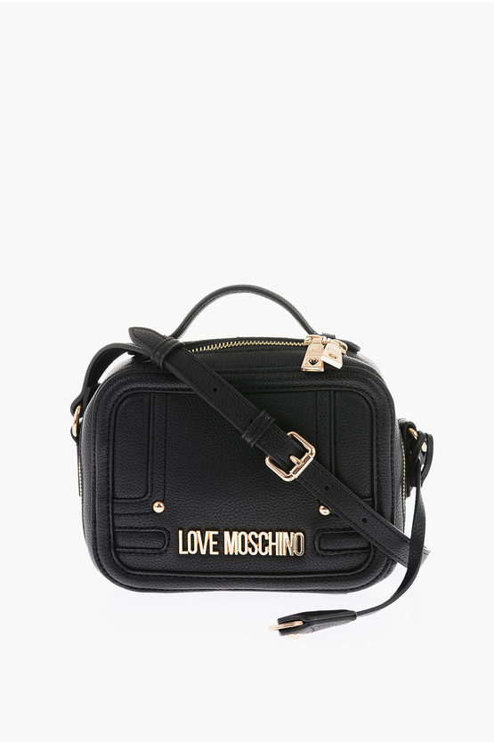 Moschino Love Golden Logo Faux Leather Crossbody Bag In Black
