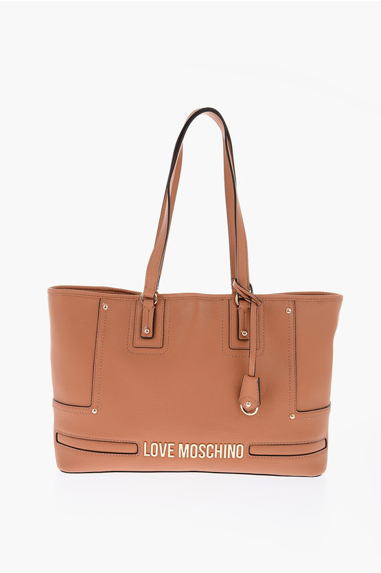 Moschino Love Golden Logo Faux Leather Tote Bag In Brown