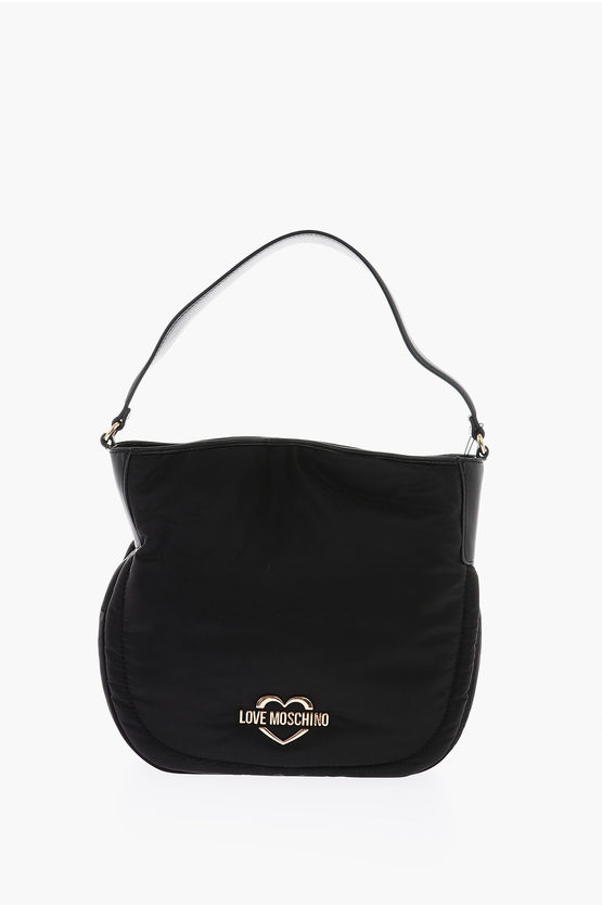 Moschino Love Golden Logo Solid Color Nylon Bag In Black