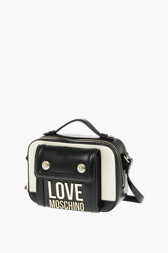 Moschino Love Golden Logo Two-tone Faux Leather Crossbody Bag In Black