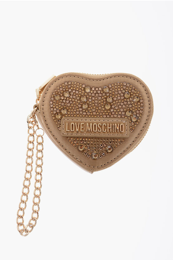 Moschino Love Heart-shaped Coin Purse Embellished With Rhinestones In Brown