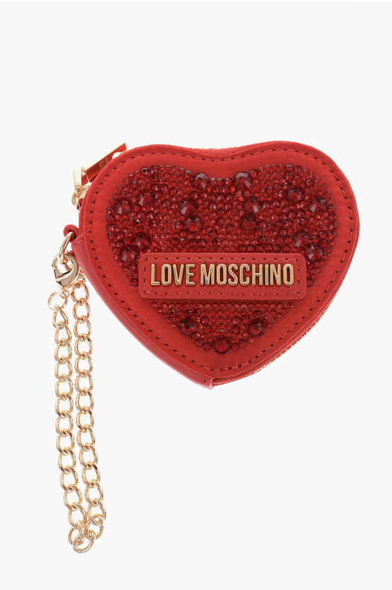 Moschino Love Heart-shaped Coin Purse Embellished With Rhinestones In Red