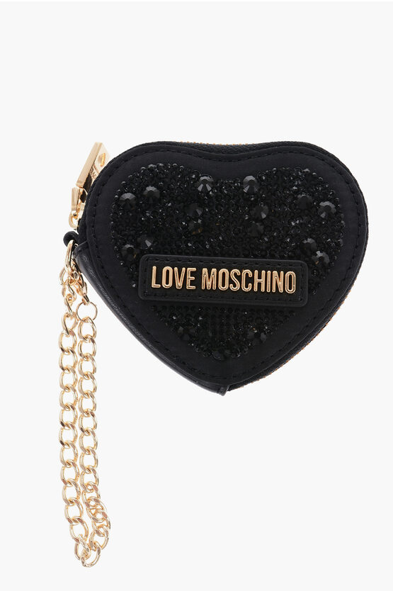 Moschino Love Heart-shaped Coin Purse Embellished With Rhinestones In Black
