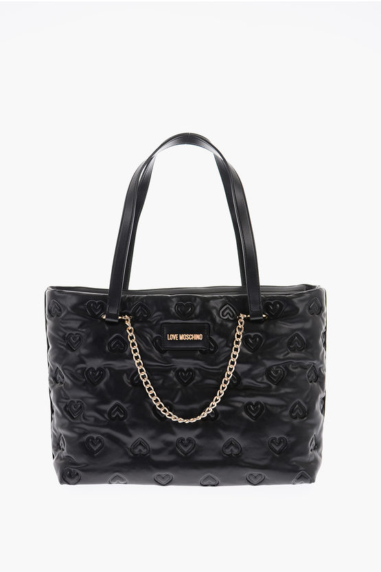 Moschino Love Hearts Embossed Faux Leather Shoulder Bag In Black
