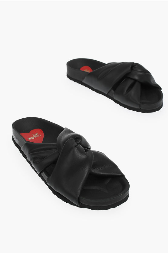 Moschino Love Knotted Design Leather Birki30 Pool Sliders In Black