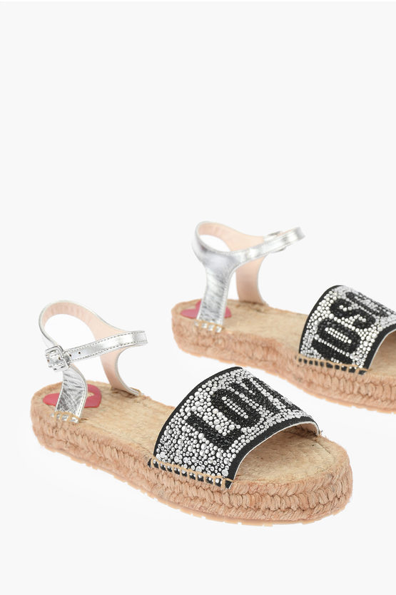 Moschino Love Laminated Leather Ankle Strap Sandals With Rhinestoned In White
