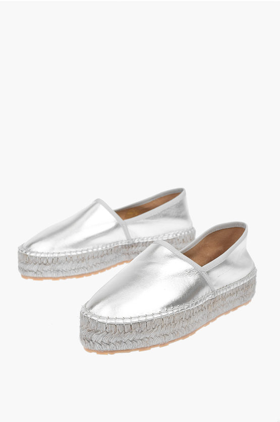 Moschino Love Laminated Leather Platform Espadrilles With Logo Engrav In White