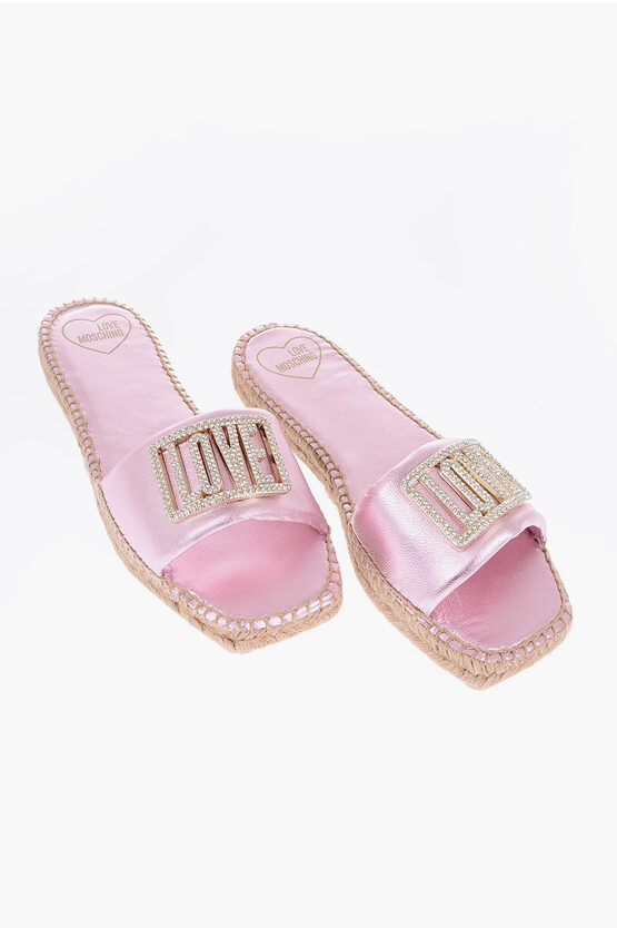 Moschino Love Laminated Leather Sandals With Rhinestone Logo Detail A In Pink