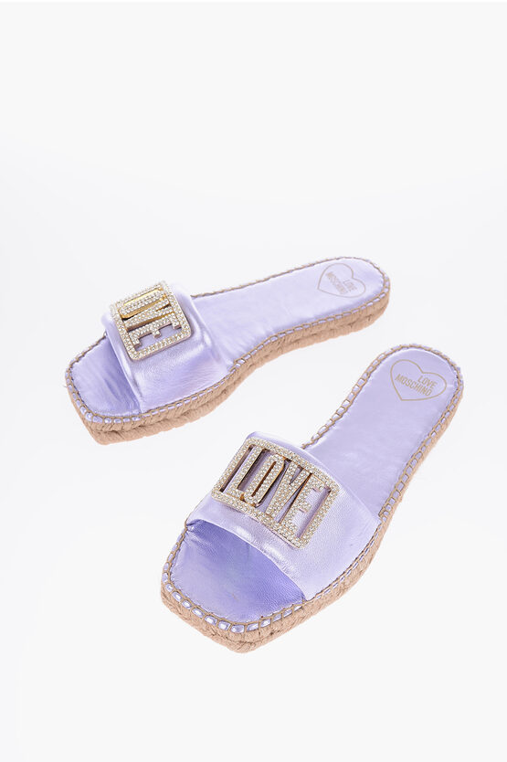 Moschino Love Laminated Leather Sandals With Rhinestone Logo Detail A In Purple