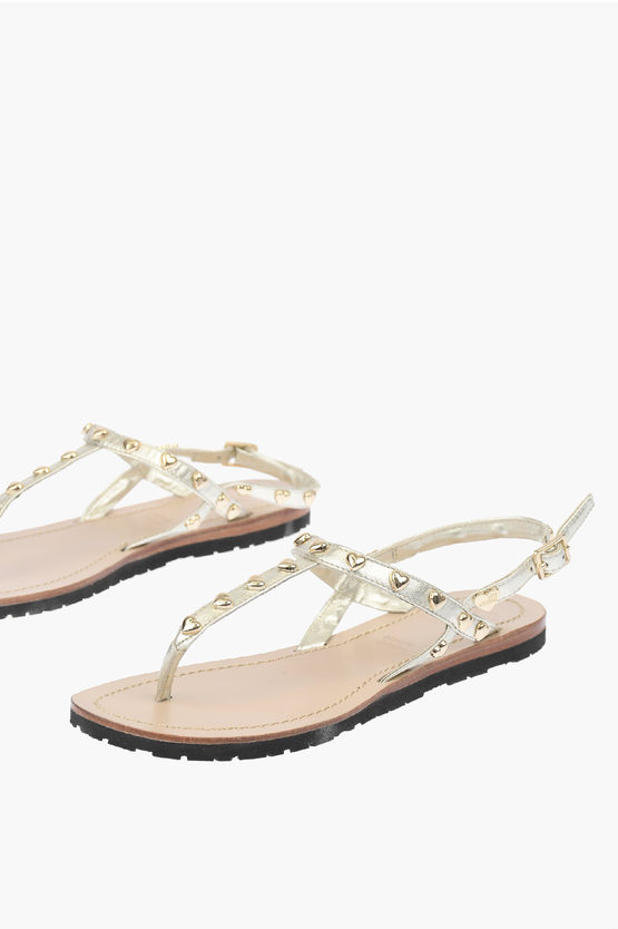 Moschino Love Laminated Leather Thong Sandals Capri With Studs In Gold