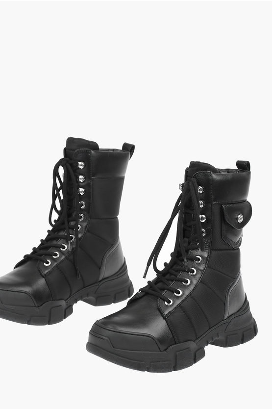 Moschino Love Leather And Fabric Combat Boots In Gray